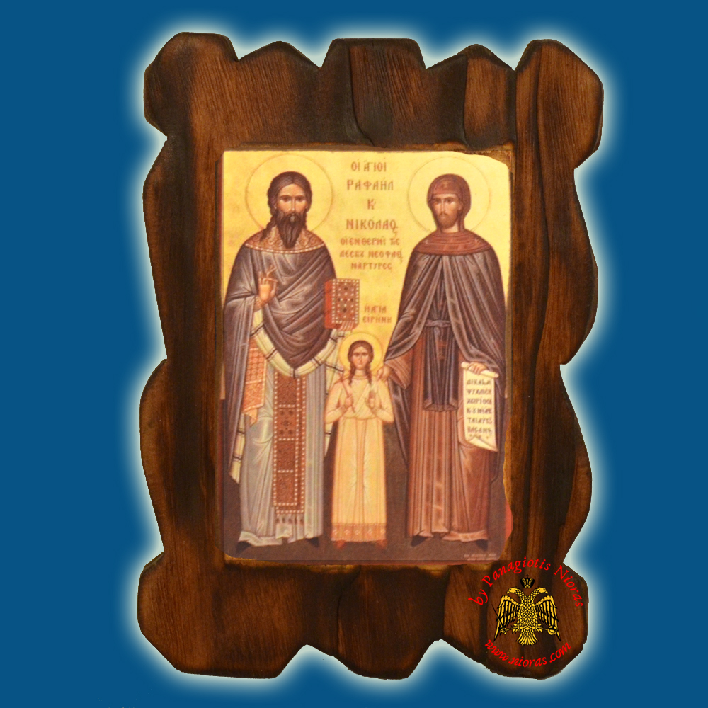 Orthodox Wooden Icon of Saint Raphael on Natural Wood With Burned Carved Details